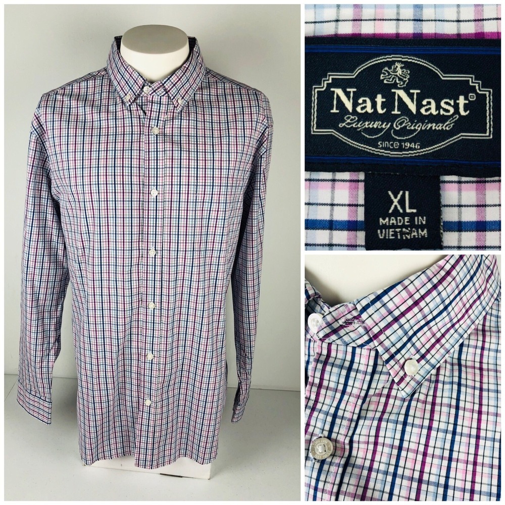 Nat Nast Luxury Originals Mens XL Shirt Plaids Check Multicolor 100% Cotton EUC